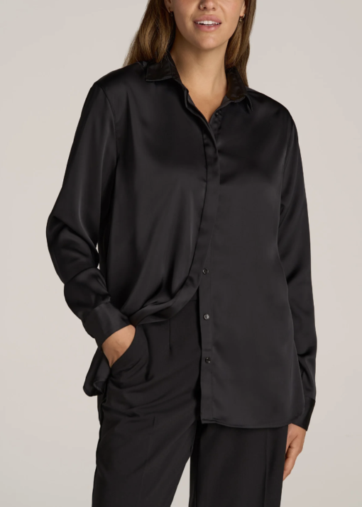 American Tall - RELAXED BUTTON UP TALL WOMEN'S BLOUSE IN BLACK