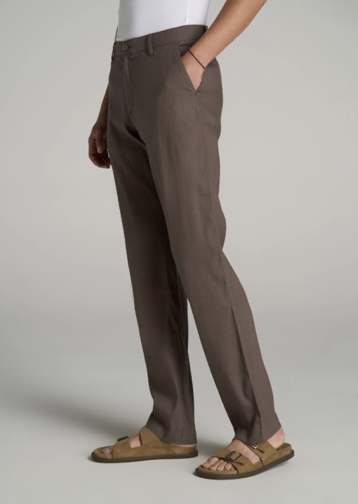 American Tall - GARMENT DYED LINEN CASUAL PANTS FOR TALL MEN IN WASHED BROWN - Image 4