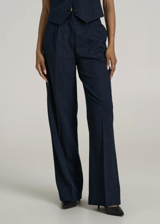 American Tall: High-Rise Wide-Leg Pleated Dress Pants for Tall Women in Navy Pinstripe (Tall Women 5'9 - 6'6)