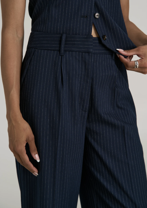 American Tall: High-Rise Wide-Leg Pleated Dress Pants for Tall Women in Navy Pinstripe (Tall Women 5'9 - 6'6) - Image 2