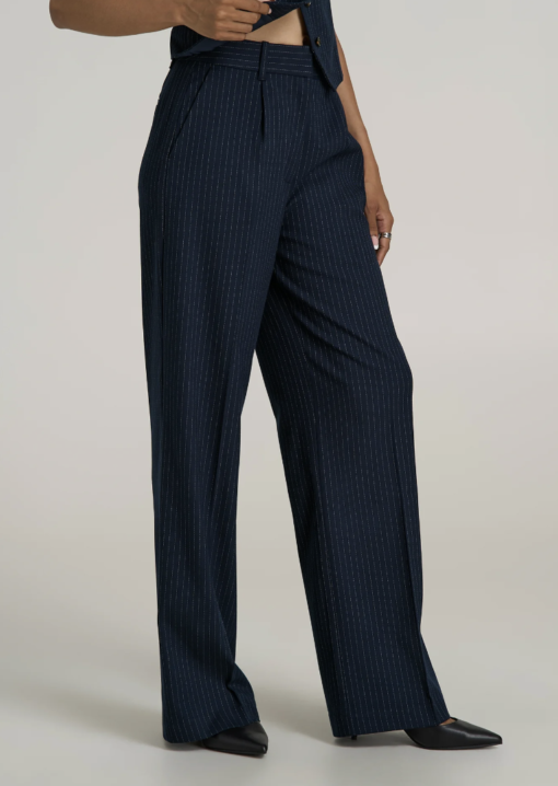 American Tall: High-Rise Wide-Leg Pleated Dress Pants for Tall Women in Navy Pinstripe (Tall Women 5'9 - 6'6) - Image 7