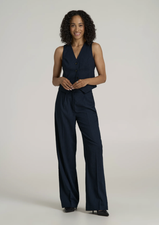 American Tall: High-Rise Wide-Leg Pleated Dress Pants for Tall Women in Navy Pinstripe (Tall Women 5'9 - 6'6) - Image 6