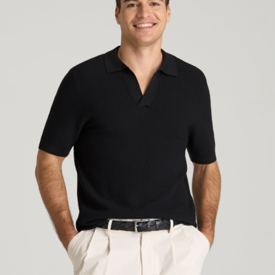 Braided Knit Sweater Polo for Tall Men in Black