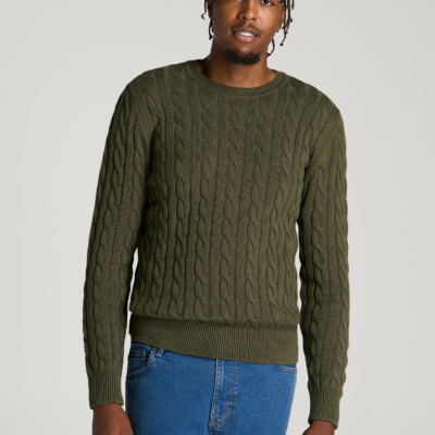 Cable Knit Crewneck for Tall Men in Forest Night