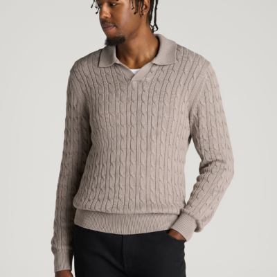 Cable Knit Polo Sweater for Tall Men in Moon Rock