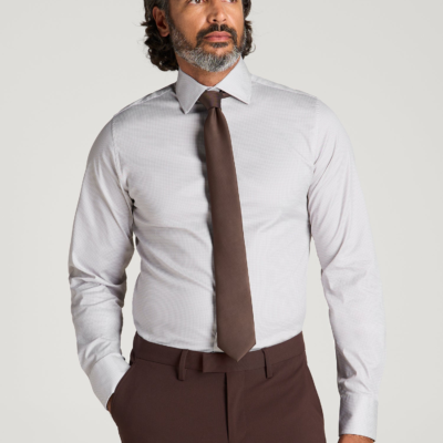 Easy Care Stretch Cotton Dress Shirt for Tall Men in Greige Houndstooth