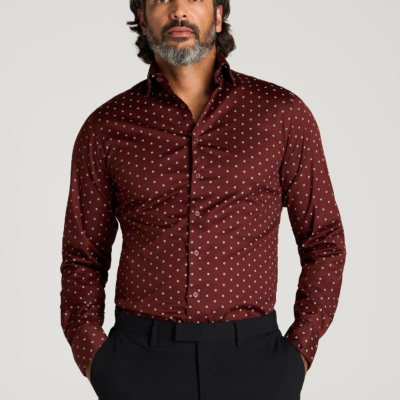 Easy Care Stretch Cotton Dress Shirt for Tall Men in Rum Raisin Geo