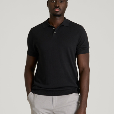 Linen Blend Knit Polo for Tall Men in Black
