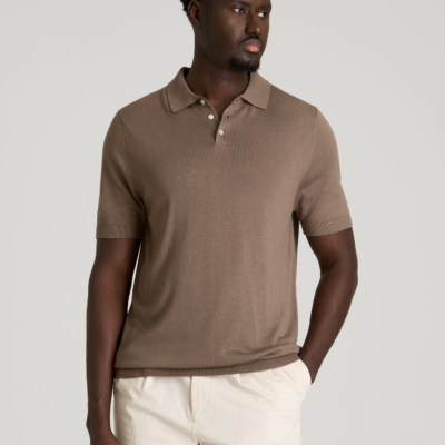 Linen Blend Knit Polo for Tall Men in Warm Brown