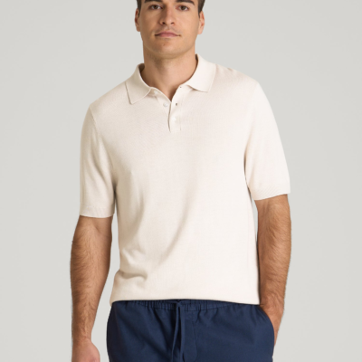 Linen Blend Knit Polo for Tall Men in White Sand