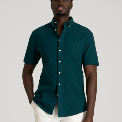 Short Sleeve Oxford Button Shirt for Tall Men in Deep Teal