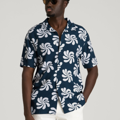 Short Sleeve Resort Shirt for Tall Men in Navy Fantasy Floral