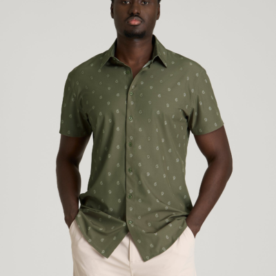 Short Sleeve Traveler Stretch Button Shirt for Tall Men in Olive Mini Paisley