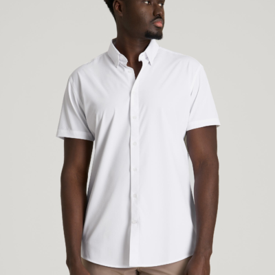 Short Sleeve Traveler Stretch Button Shirt for Tall Men in White