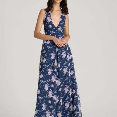Chiffon Maxi Halter Garden Dress for Tall Women in Dark Navy Floral