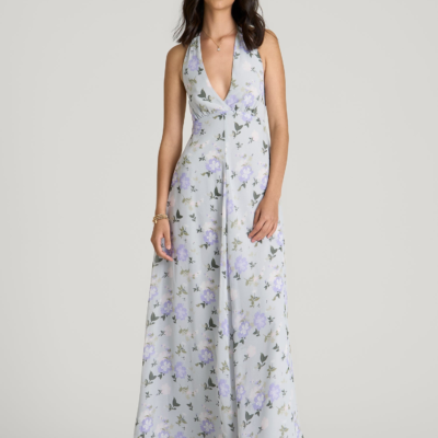 Chiffon Maxi Halter Garden Dress for Tall Women in Grey and Lilac Floral