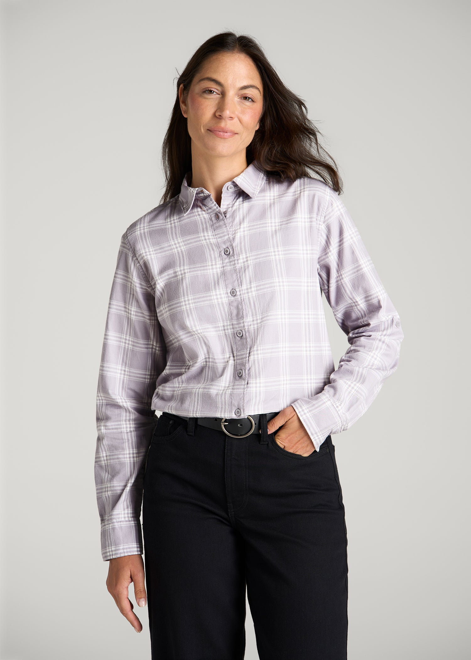 Oversized Flannel Shirt for Tall Women in Dusty Lilac Plaid
