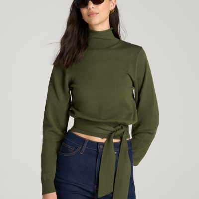 Rolled Neck Sweater with Tie for Tall Women in Bay Leaf
