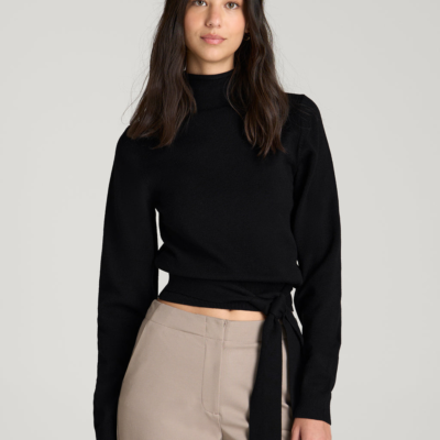 Rolled Neck Sweater with Tie for Tall Women in Deep Black