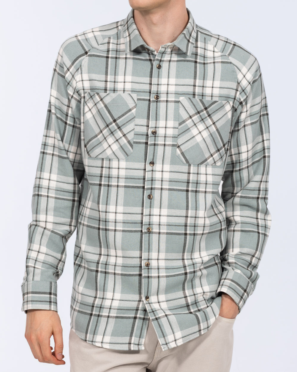 2t Bradley Tall Mens Relaxed Fit Raglan Checked Shirt (aqua/ecru) | Tall Mens Clothing | 2tall.com